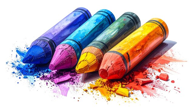 Broken crayons scattered on white
