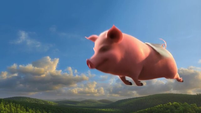 Realistic Pig with Wings Flying Through a Blue Sky with Clouds, Surreal and Impossible Dream Concept