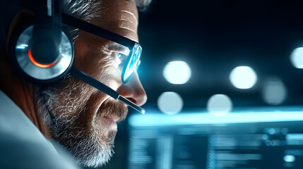 Professional support agent headset man glasses beard blue light monitor reflection help desk call center night work with calm focus