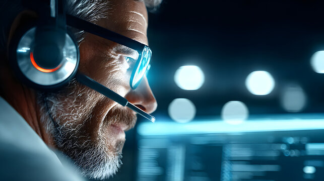 Professional support agent headset man glasses beard blue light monitor reflection help desk call center night work with calm focus