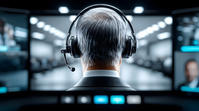 Professional man with headset home office video call remote work computer screen technology modern focus senior