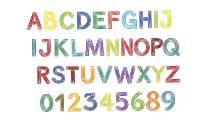 Cheerful handwritten alphabet and numbers with vibrant crayon texture