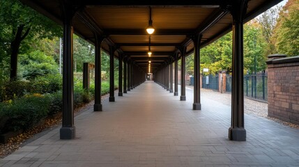 Symmetrical walkway with repeating colonnades and atmospheric lighting illuminating the path ahead