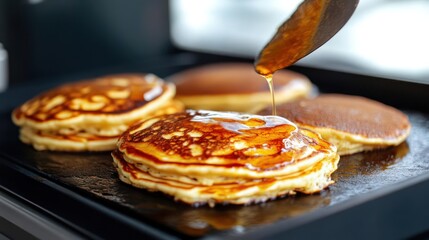 Golden syrup cascades down fluffy pancakes on a sizzling griddle tempting brunch delight