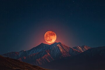 A vibrant blood moon rising over a mountain range under a starlit sky
