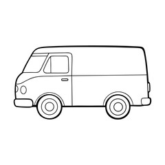 A fun cartoon cargo van coloring page featuring a simple outlined design, big wheels, and spacious body—perfect for kids to add creativity with bright colors.
