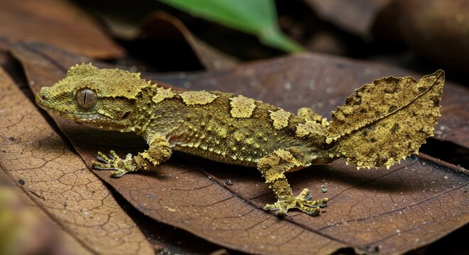 Leaf tailed gecko on fallen leaves