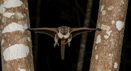 Obraz premium Lemur in flight between tree trunks
