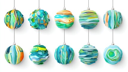 Colorful abstract Christmas baubles, hanging on strings, with vibrant swirling patterns, set against a white background, copy space