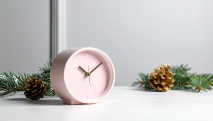 A pale pink round analog clock sits on a white surface surrounded by golden pinecones and sprigs of evergreen in front of a grey background