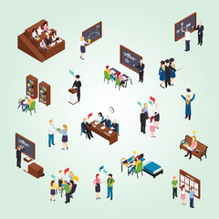 Isometric Various University School Scene with Student and Teacher Illustration