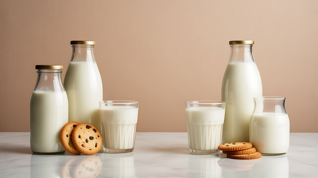 Bottles and glasses of milk with cookies arranged on a countertop