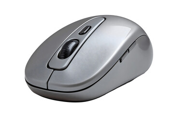 Modern wireless computer mouse with silver metallic finish and ergonomic design isolated on transparent background.
