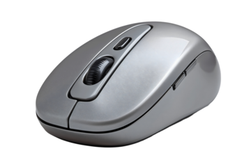 Modern wireless computer mouse with silver metallic finish and ergonomic design isolated on transparent background.