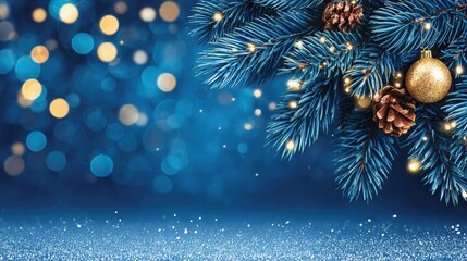 Christmas tree branches with golden bauble and pine cones, against blue bokeh lights background, copy space
