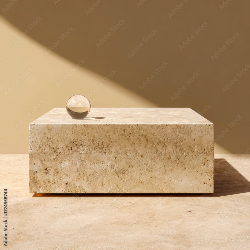 Wall mural minimalist product display on travertine with shadow play and sphere