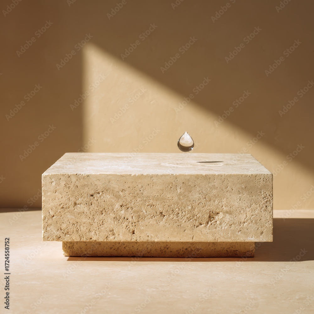 Wall mural minimalist display of empty travertine table in natural light