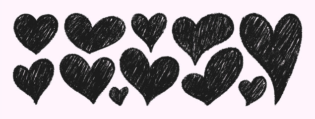 Crayon Doodle Hearts. Vector Chalk and Pencil Heart Shape in Black Color. Hand Drawn Love Icon Set in Kids Style for Web Design, Patterns, Logos, Valentines Day Cards