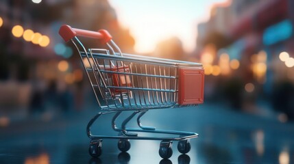 Serene shopping cart poised on city street reflecting ambient light creating surreal feeling