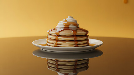 Stack of pancakes topped with whipped cream and caramel sauce on a reflective surface