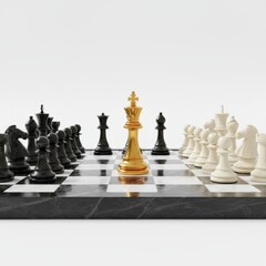 A golden king stands poised amidst opposing black and white chess pieces