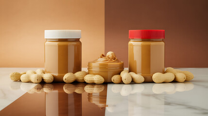 Jars of peanut butter with peanuts arranged on a reflective surface against a two-tone background