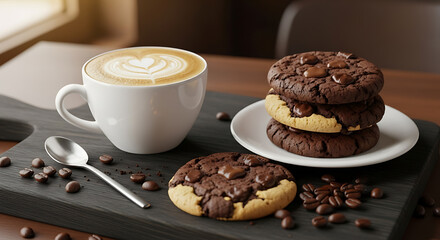 A cup of latte art sits beside a stack of chocolate chip cookies on a dark wooden board with scattered coffee beans and a spoon.