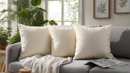 Cream Linen Throw Pillows and Blanket in Elegant Living Room