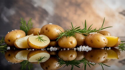 Fresh potatoes with rosemary and sea salt on a reflective surface