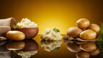 Fresh potatoes and mashed potato displayed on reflective surface with warm lighting