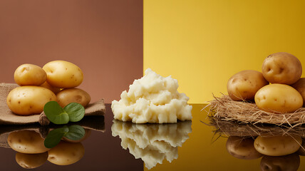 Fresh potatoes and mashed potato displayed on reflective surface with rustic elements