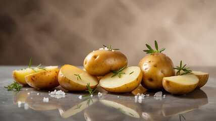 Fresh potatoes with rosemary and sea salt on a reflective surface