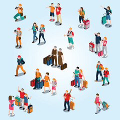 Isometric Style Various Tourists with Luggage Travel Group Concept Illustration