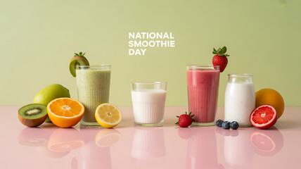 Assorted smoothies and fresh fruits displayed for National Smoothie Day