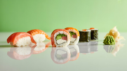 Assorted sushi pieces including nigiri and maki rolls with wasabi and ginger on a reflective surface against a green background