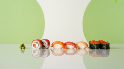 Assorted sushi pieces arranged on a reflective surface with a green background