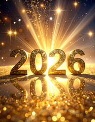 Celebrating the arrival of 2026 with a sparkling blue background and golden lettering wishing a happy new year. Happy New Year 2026 banner