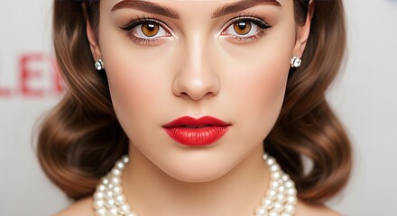 Elegant woman with classic beauty wearing pearls and red lipstick, perfect for beauty campaigns and vintage style inspiration