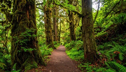 Obraz premium Lush forest path lined with mossy trees and verdant ferns leads into a green-filtered distance, evoking a sense of deep woodland serenity