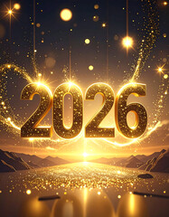 Celebrating the arrival of 2026 with a sparkling blue background and golden lettering wishing a happy new year. Happy New Year 2026 banner