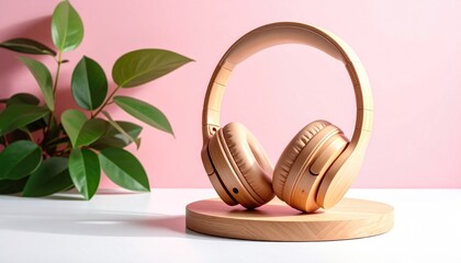 Gold headphones displayed on a wooden stand, set against a pastel pink wall with lush green foliage. High-key lighting and clean lines