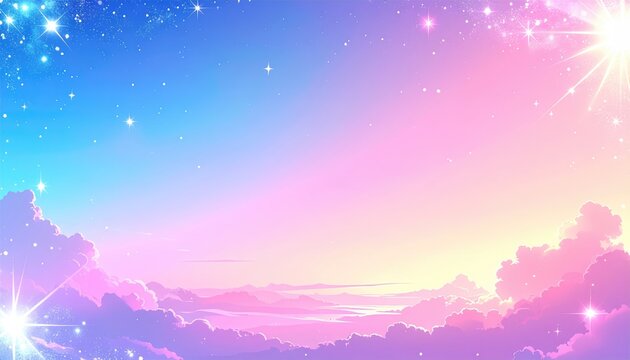 Ethereal landscape featuring soft pink and purple clouds against a gradiated blue, pink, and yellow sky speckled with shimmering stars and sunlight