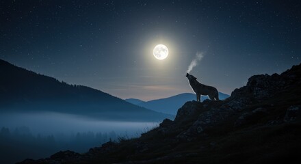 Lone wolf howling at full moon over mountainous landscape