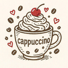 ホイップクリームとチェリーをトッピングしたカプチーノのかわいいカフェイラスト。コーヒー豆やハートの装飾が散りばめられたベクターアート