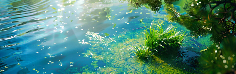 Naklejka premium Golden sunlight reflecting through fresh water splashes with glowing brilliance