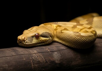 Fototapeta premium Captivating boa constrictor portrait showcases detailed scales and striking reddish eyes resting calmly on a wooden