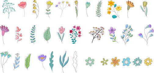 Beautiful flowers painting bundle set featuring colorful floral illustrations and decorative botanical elements. Perfect for greeting cards, wedding invitations, posters, textile prints, packaging.