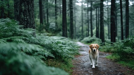 Golden Retriever on Forest Trail Under Muted Lighting in a Scenic Landscape