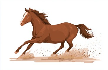 Obraz premium Flat vector illustration of a brown horse with white hooves galloping and kicking up dust, isolated on plain background
