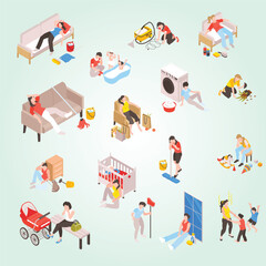 Isometric Exhausted Parenthood Scene Illustration with Cleaning and Childcare Tasks